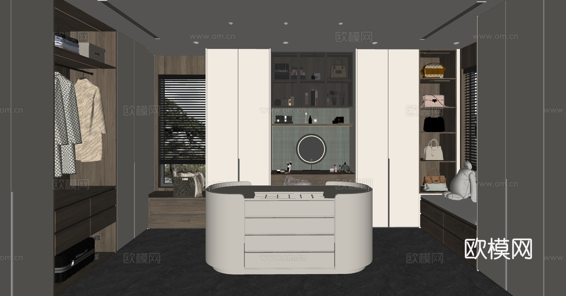 现代衣帽间 岛台衣帽间 步入式衣帽间 u型衣帽间 衣柜化妆台su模型下载（渲染图2）