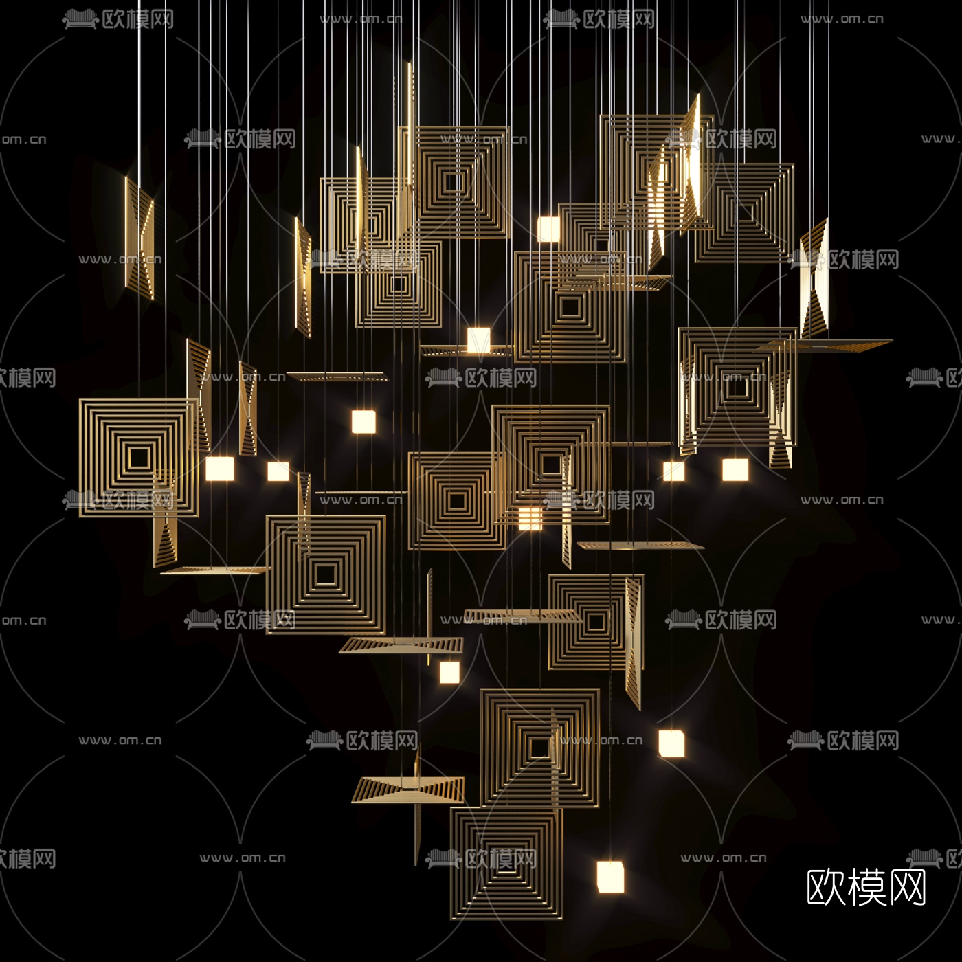 现代方形金属片吊灯3d模型下载（渲染图1）