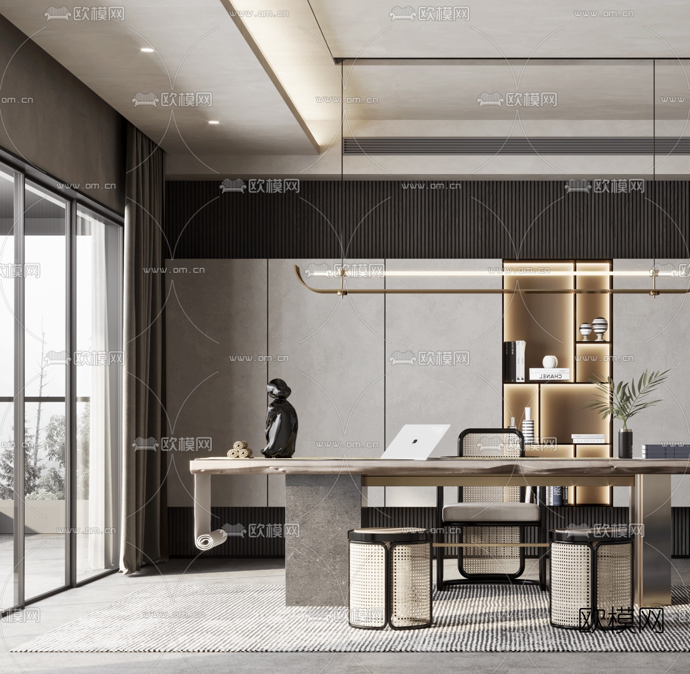 现代轻奢书房3d模型下载（渲染图2）