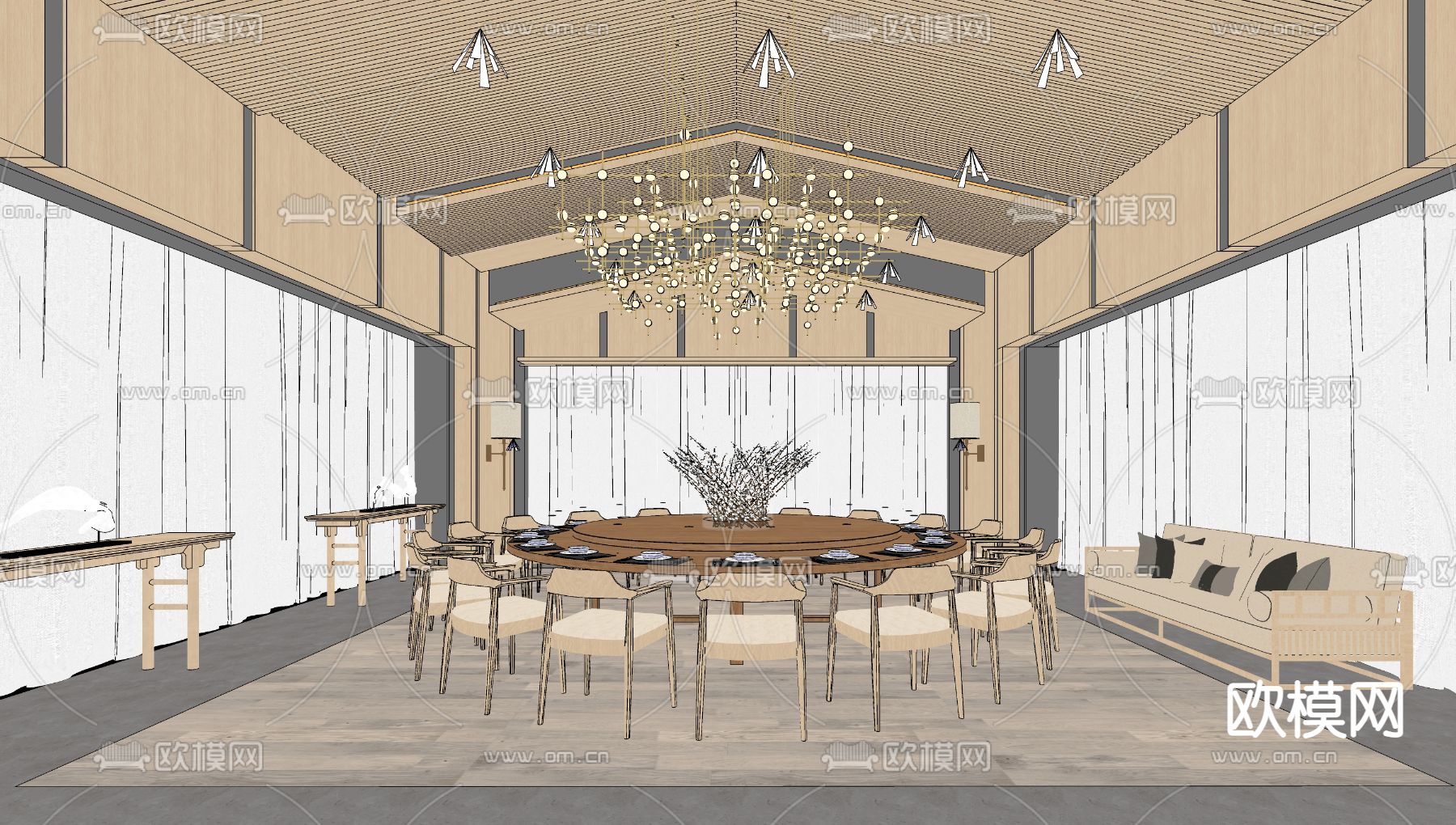 新中式餐厅包厢su模型下载（渲染图2）