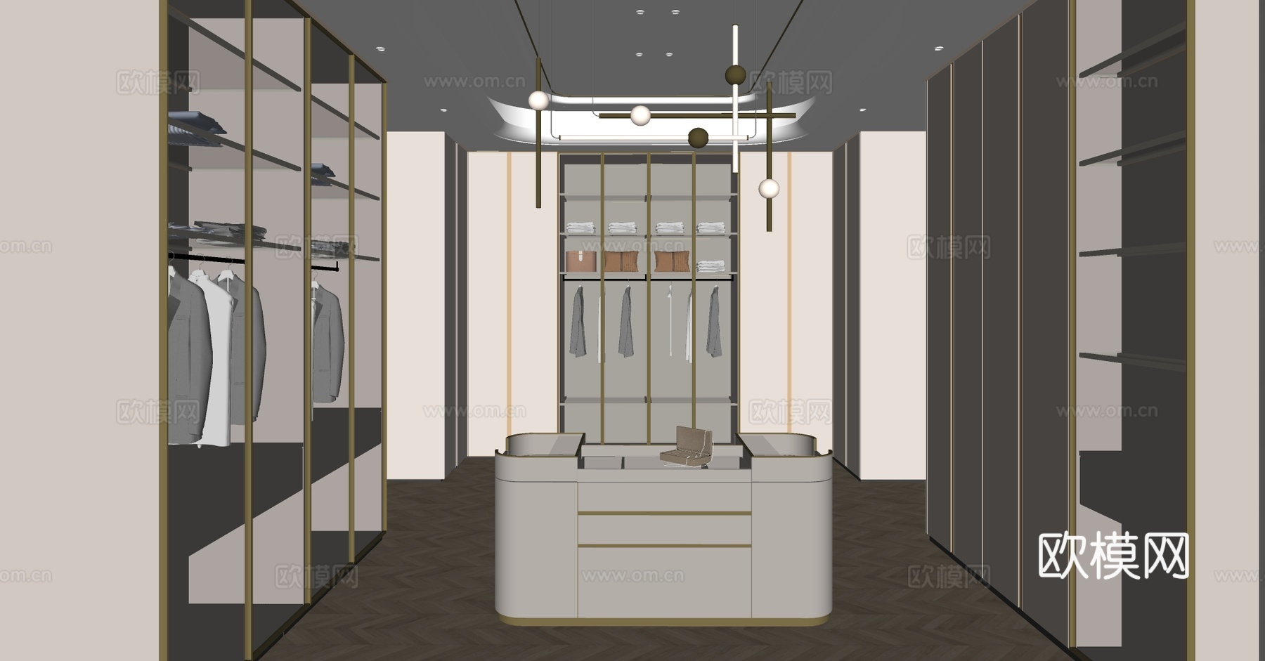 轻奢意式衣帽间 岛台衣帽间 步入式衣帽间 u型衣帽间 开放式su模型下载（渲染图2）