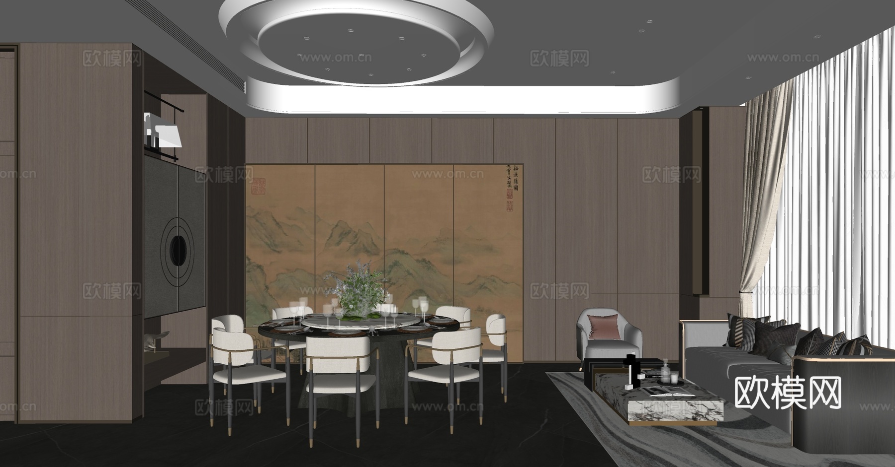 新中式包厢 中餐厅包厢 包厢餐桌椅 圆桌餐桌椅 四人以上餐桌su模型下载（渲染图2）