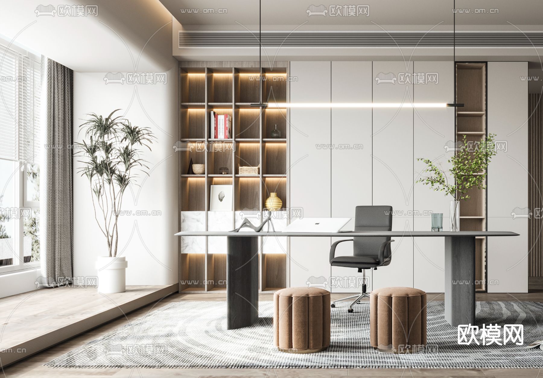 现代轻奢书房3d模型下载（渲染图2）