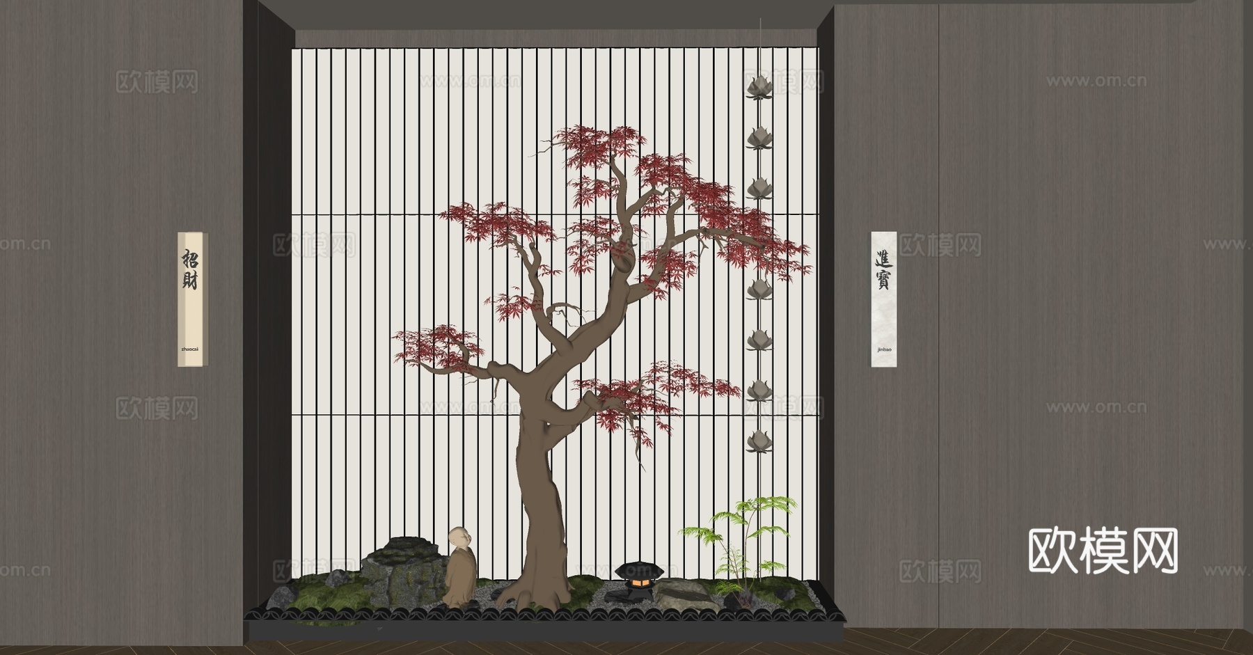 新中式室内景观 景观小品 室内景观造景 植物堆 植物组合su模型