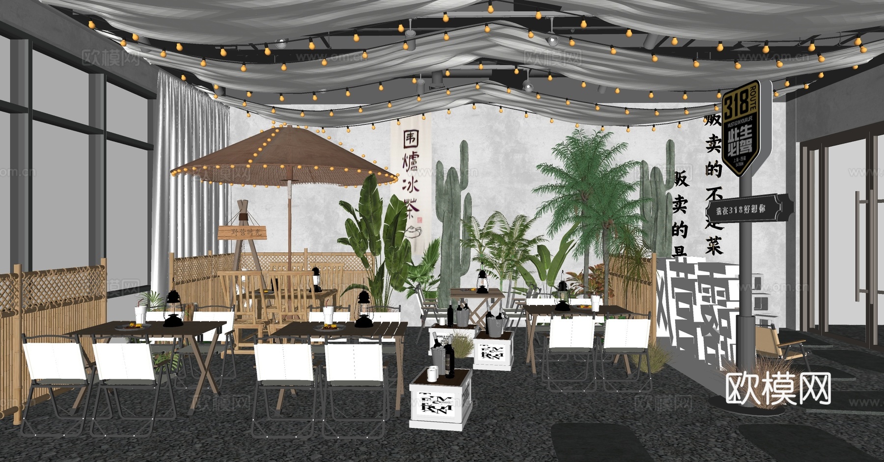 工业风酒吧 露营风咖啡店su模型下载（渲染图1）