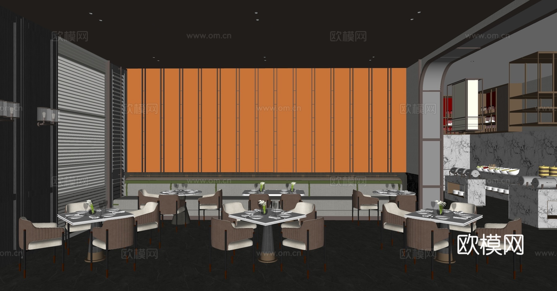 现代自助餐厅 现代全日餐厅 自助餐厅明档 酒店餐厅 酒店大堂su模型下载（渲染图2）