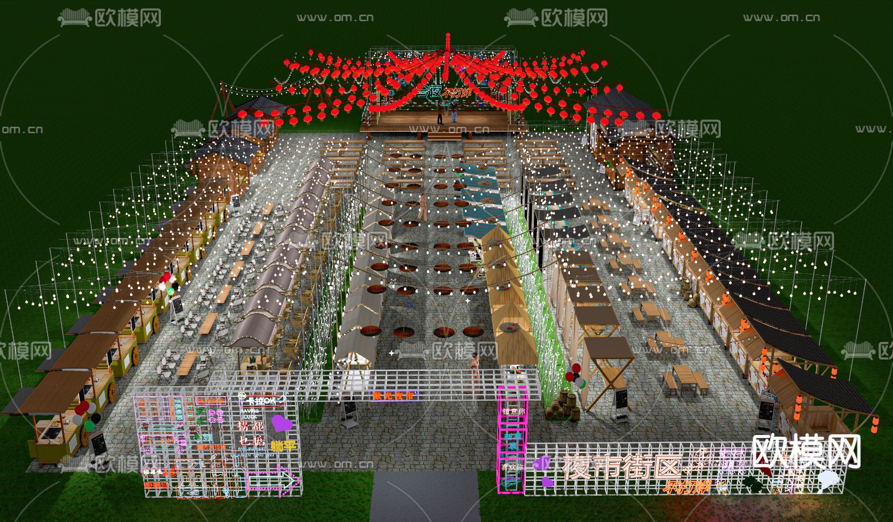 夜市摊位 小摊 美食街 霓虹灯 氛围灯su模型下载（渲染图2）