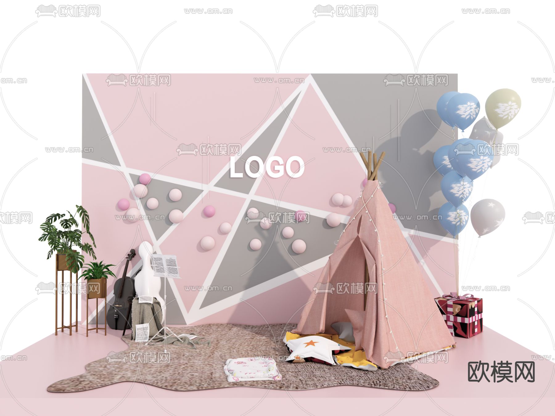 现代婚礼美陈拍照墙su模型下载（渲染图1）