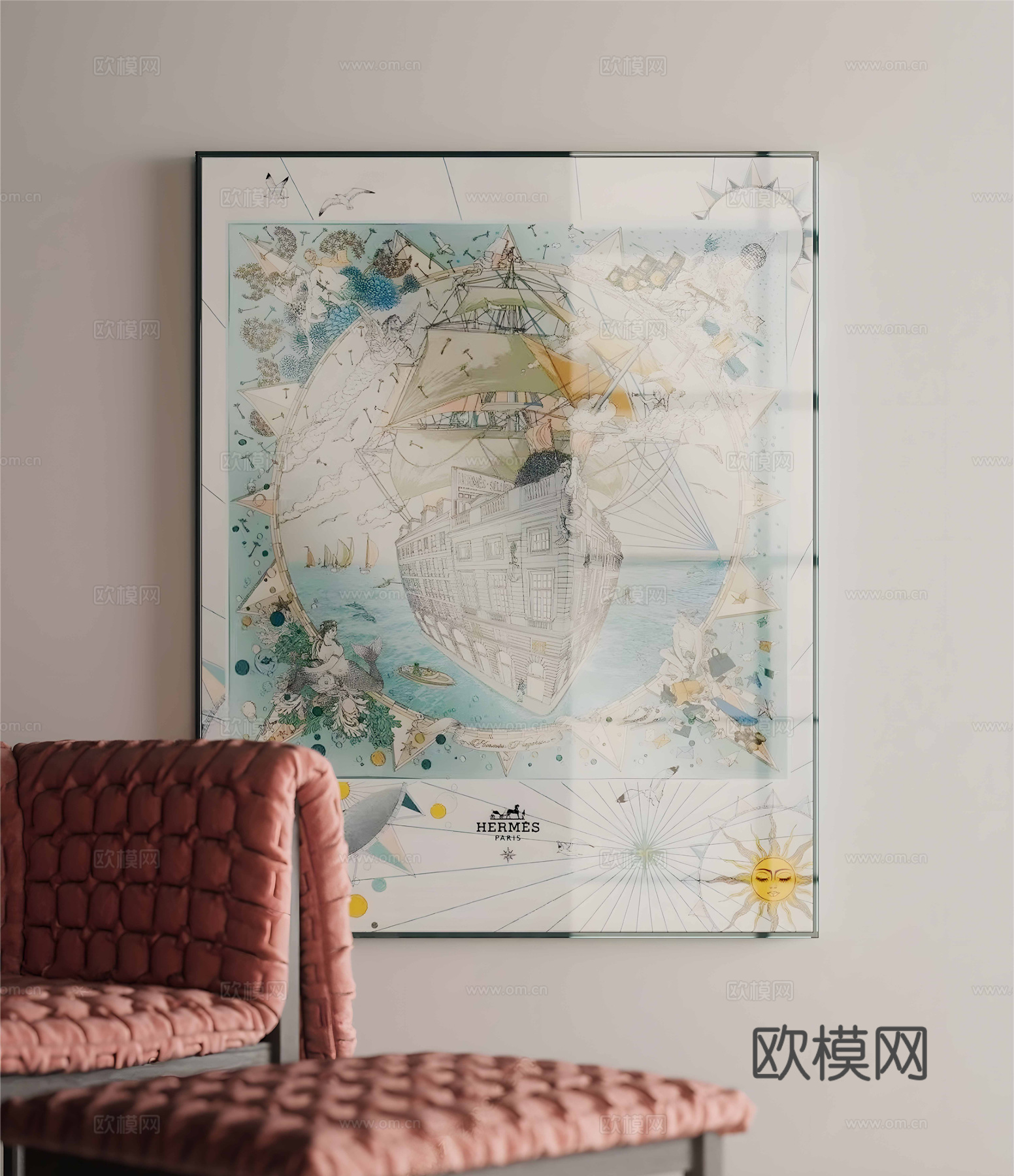 现代挂画 Hermès挂画 奢侈品丝巾画 爱马仕装饰画 轻奢su模型