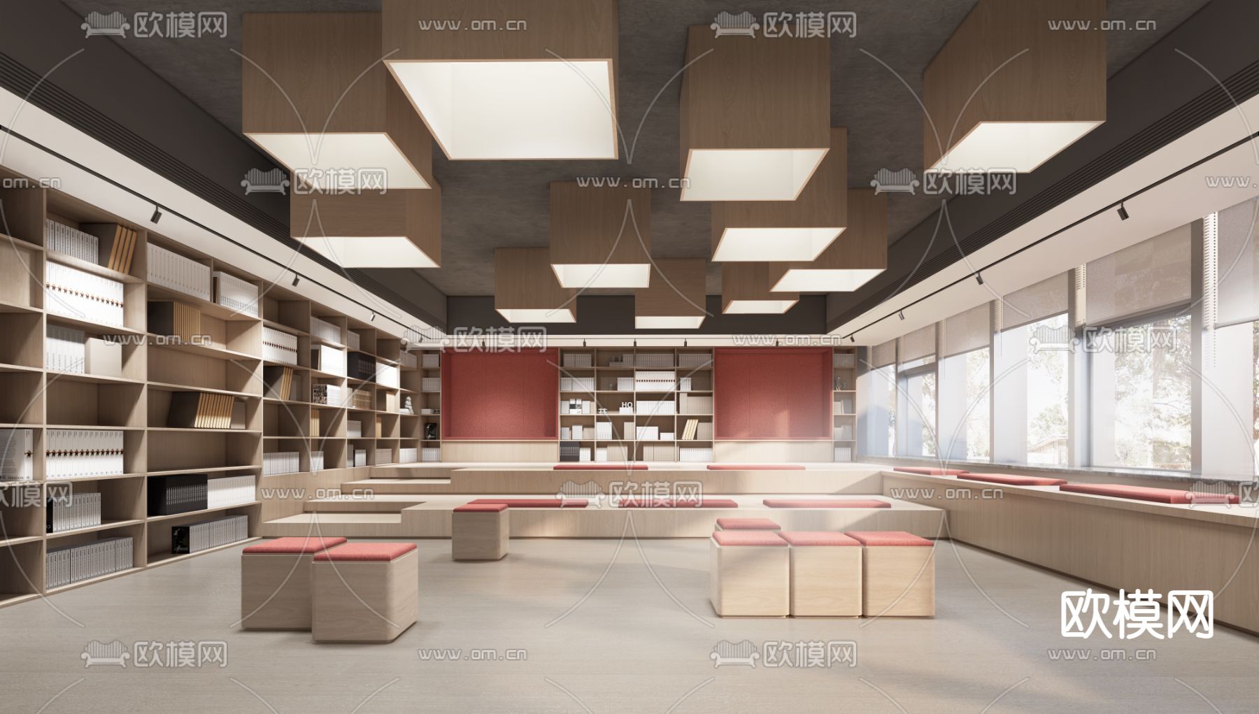 现代图书馆 阅览室 书吧su模型下载（渲染图1）