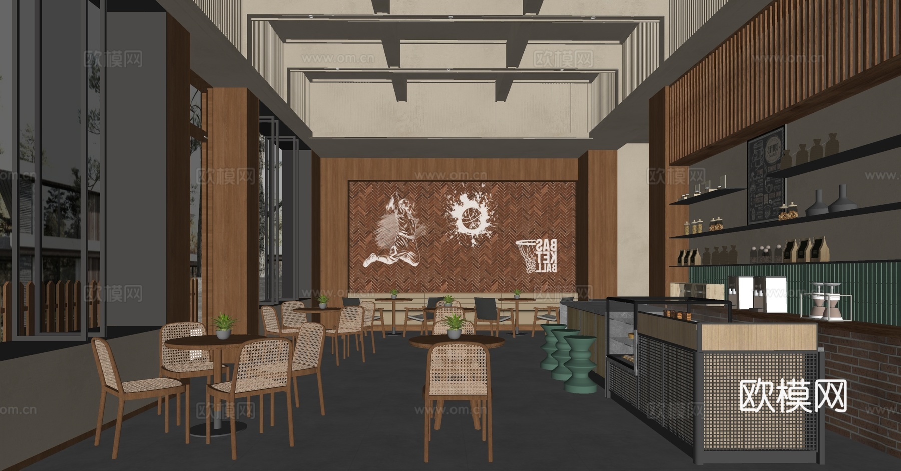 原木咖啡厅 咖啡桌椅 奶茶店 咖啡店操作台 收银前台 咖啡店su模型下载（渲染图2）