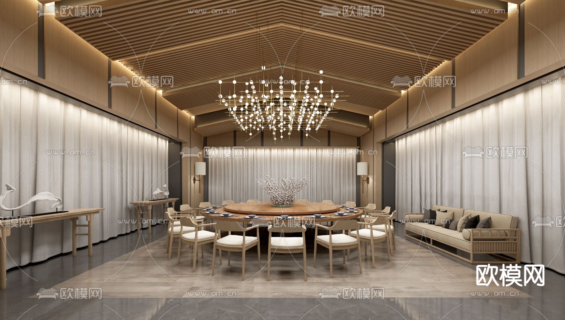 新中式餐厅包厢su模型下载（渲染图1）
