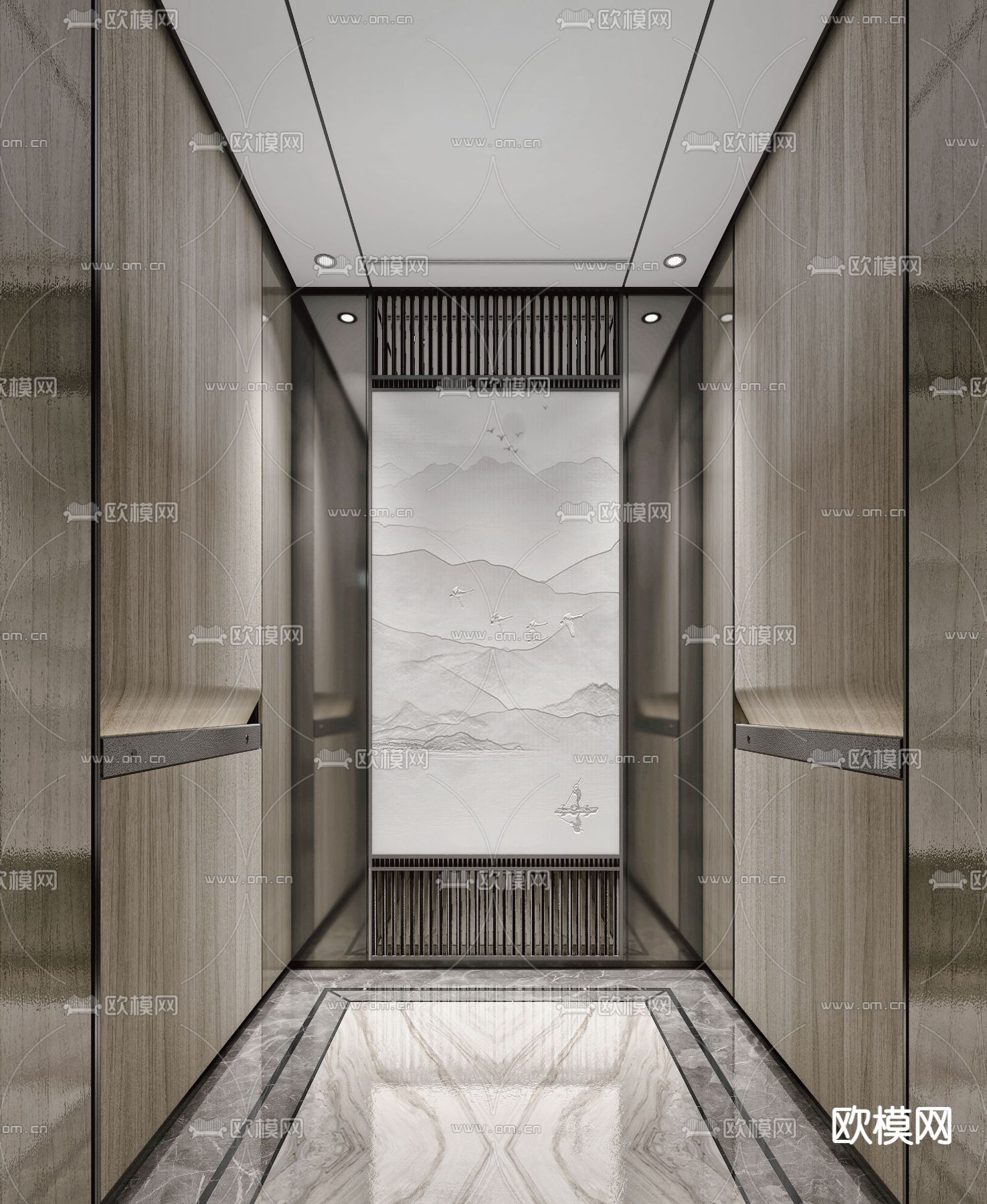 新中式电梯轿厢su模型下载（渲染图1）