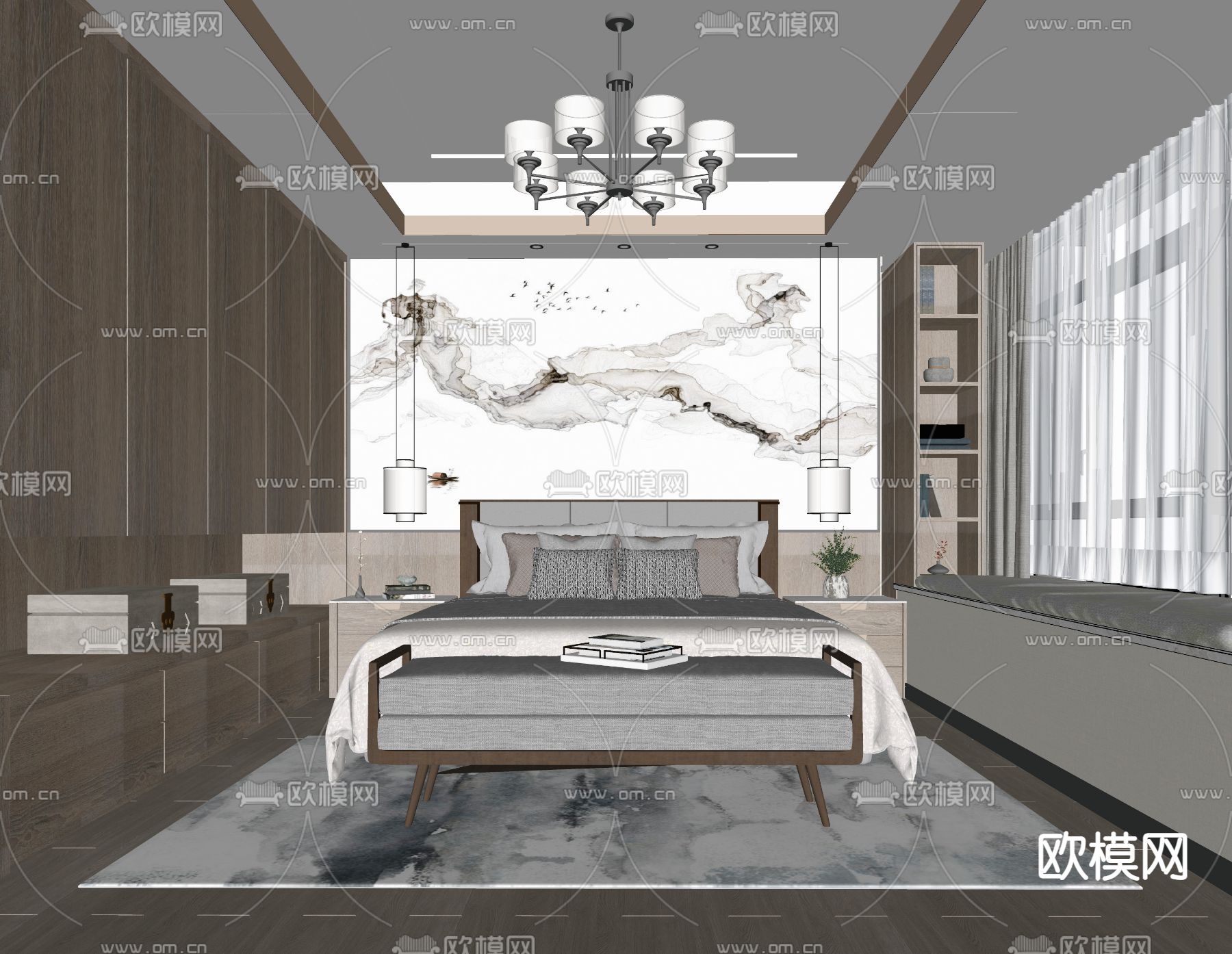 新中式卧室su模型下载（渲染图2）