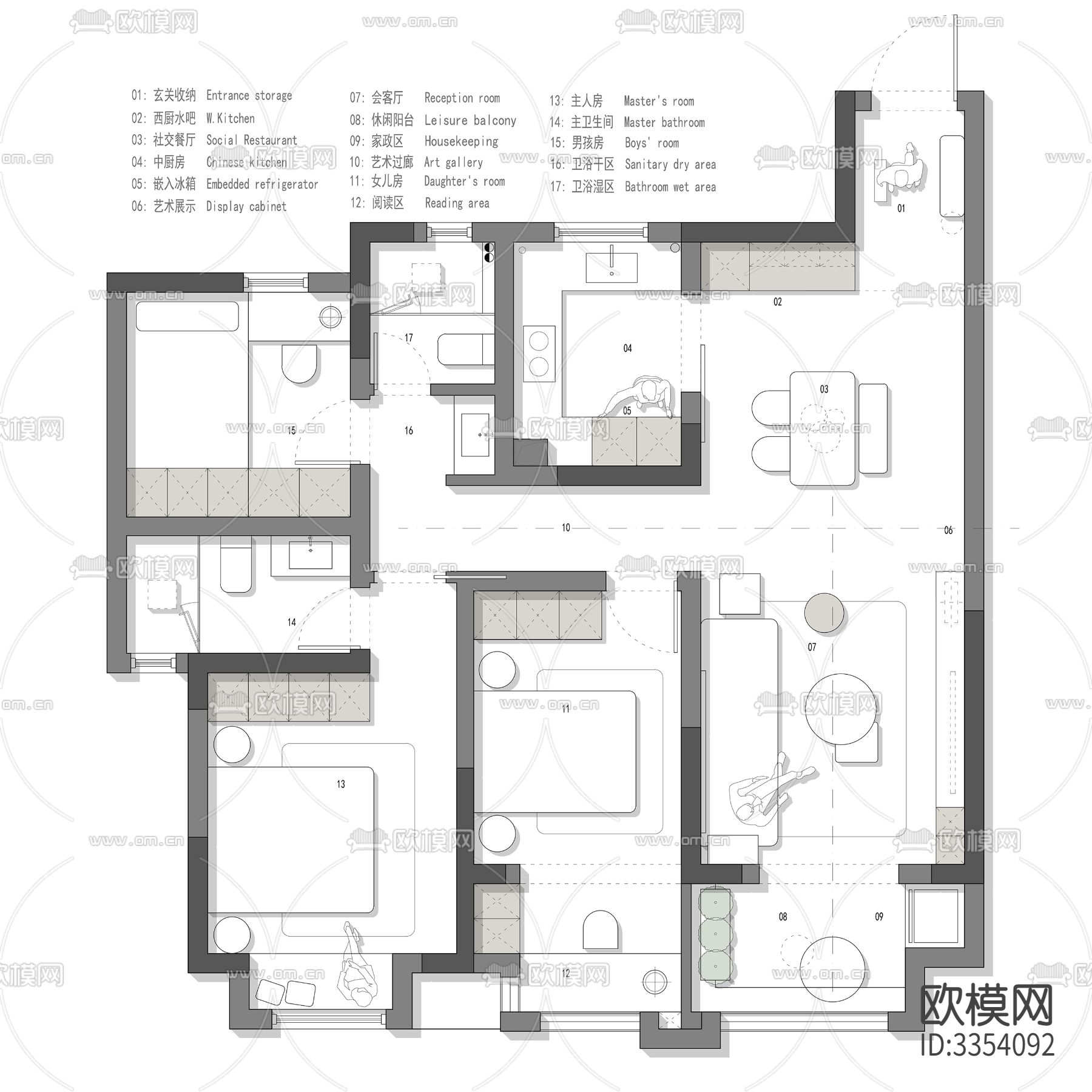 102㎡极限小三房平面优化案例源文件下载（渲染图4）