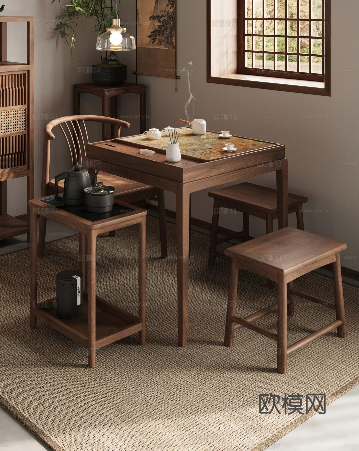 新中式茶室 阳台茶室 品茶区 实木茶台茶桌 实木茶桌椅 茶盘su模型下载（渲染图2）