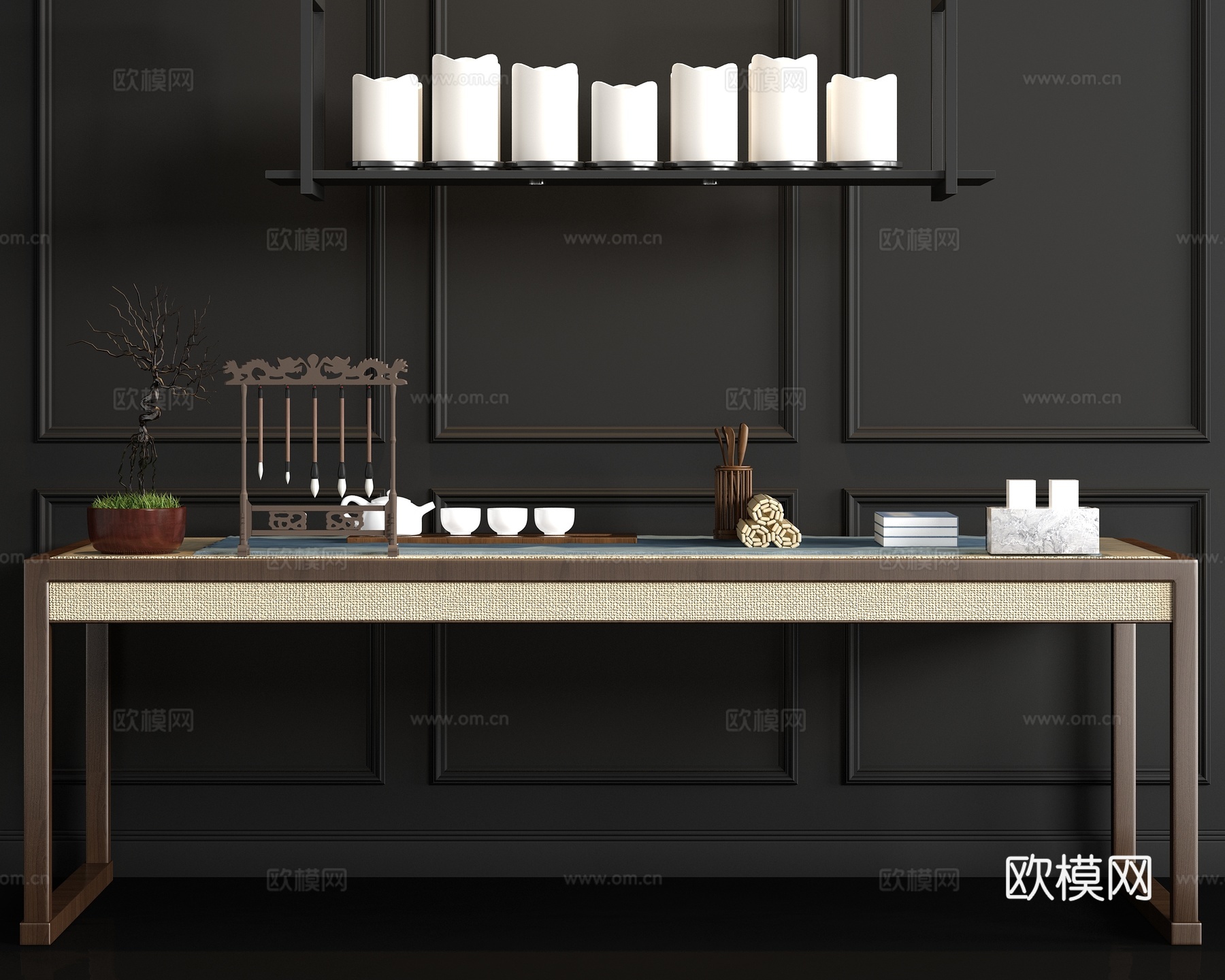 新中式实木茶桌茶具吊灯饰品组合3d模型