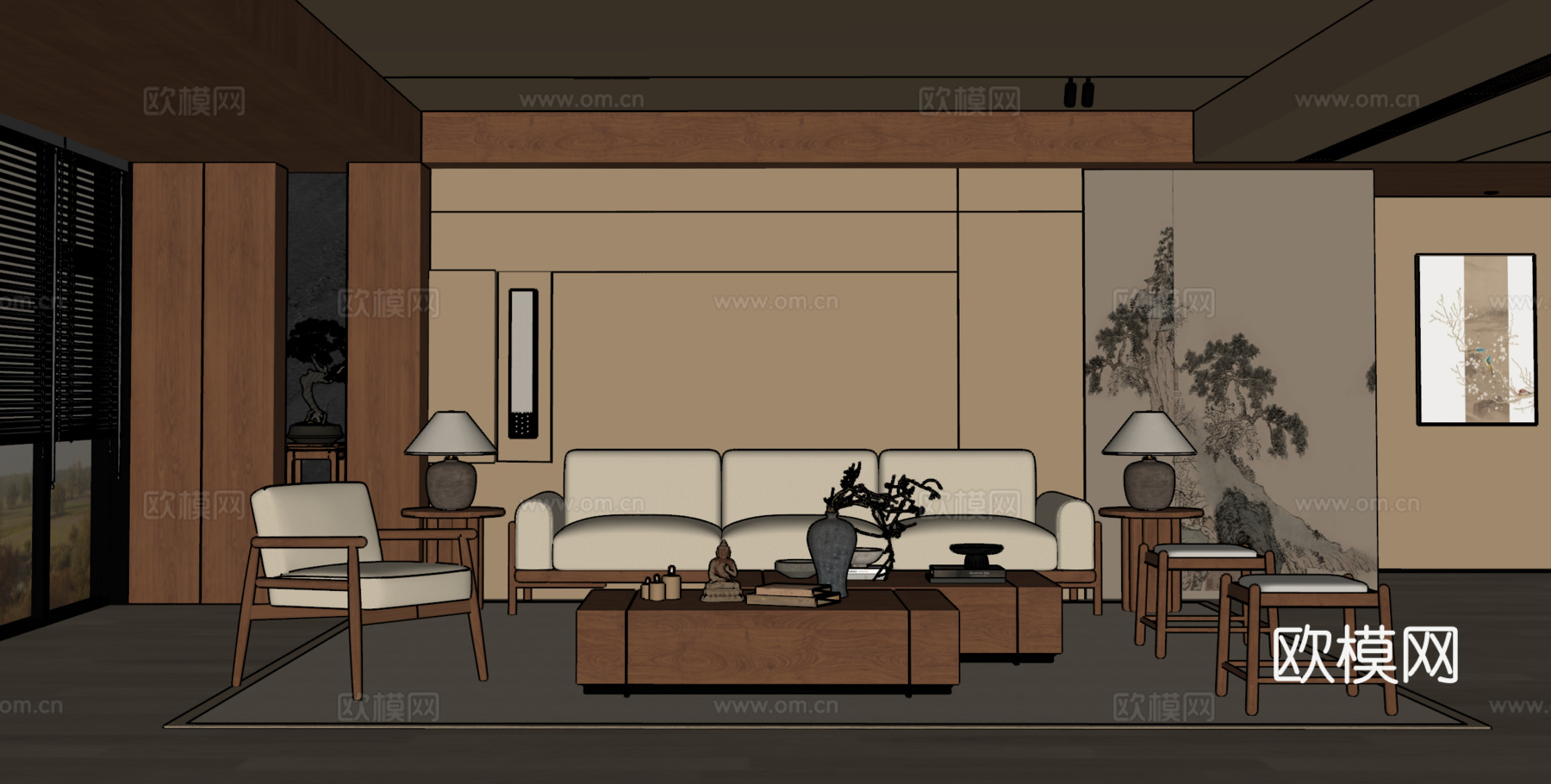 宋氏中古风客厅 沙发茶几组合 绿植 饰品摆件 台灯  背景墙su模型