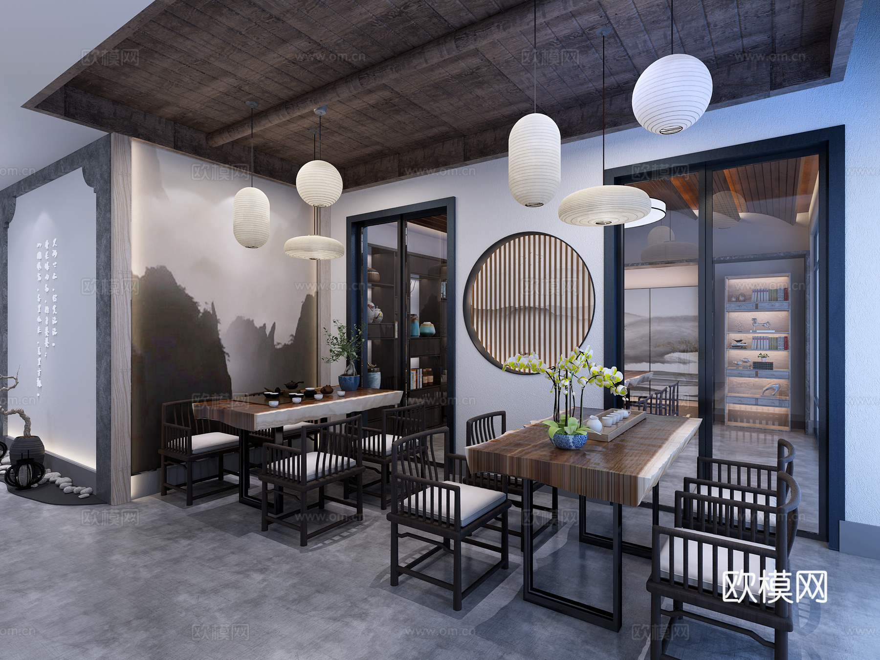 新中式茶室 新中式吊灯 餐桌椅3d模型