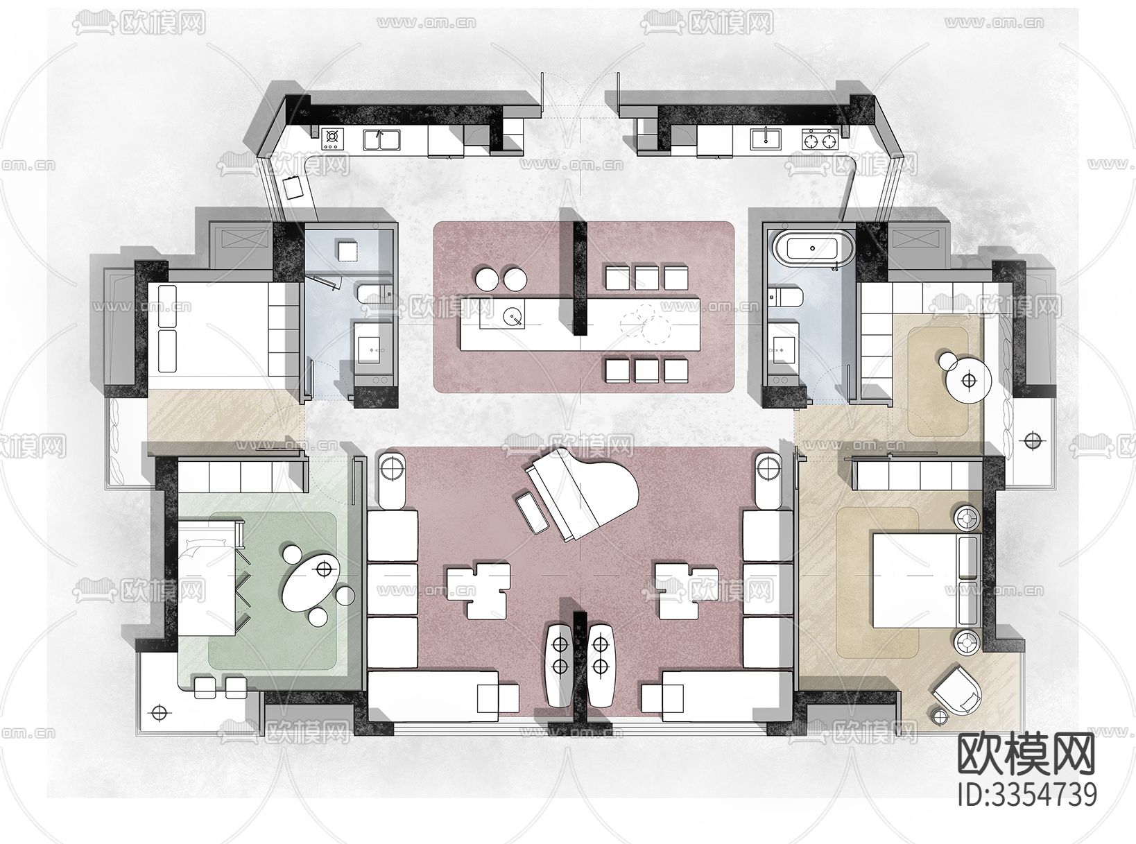 189㎡两户打通个性小豪宅平面优化案例源文件下载（渲染图4）