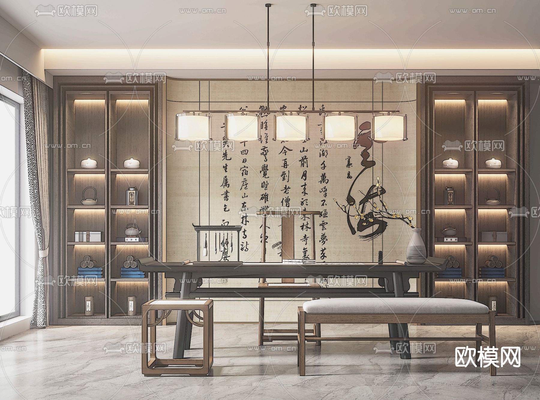 新中式书房su模型下载（渲染图1）
