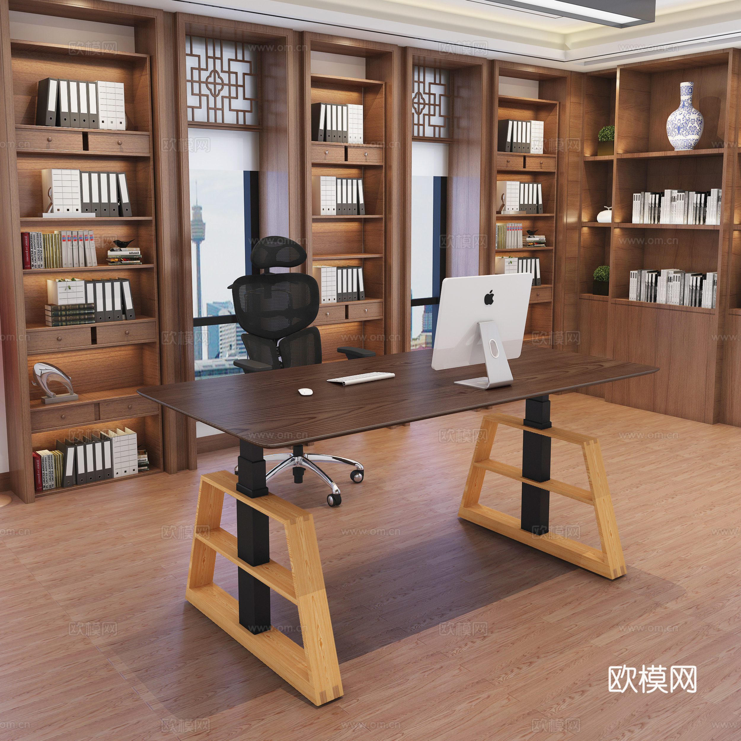 现代书房书屋 木纹书桌椅子 电脑桌 电脑椅子 书柜3d模型