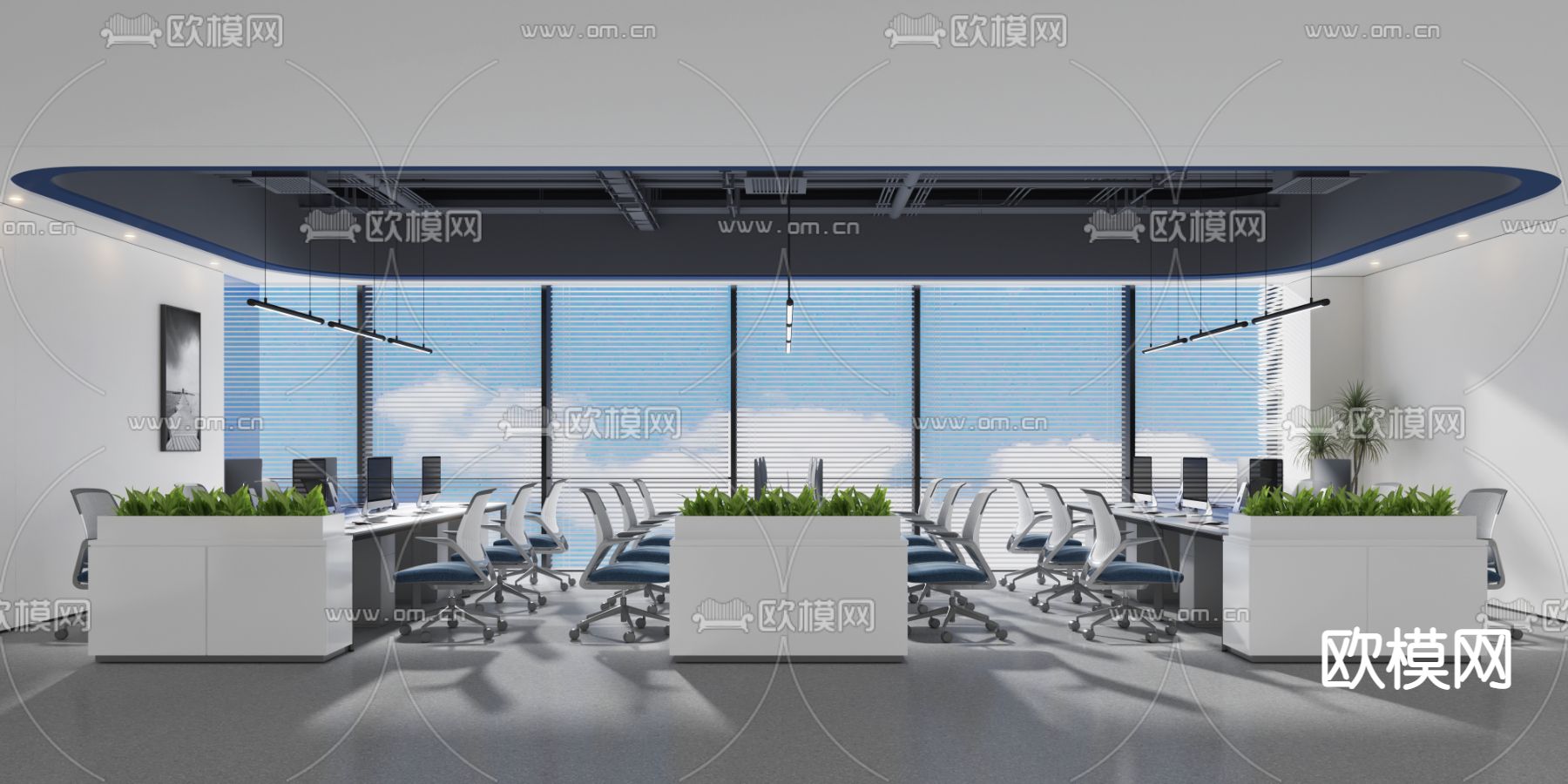 现代敞开式办公区3d模型下载（渲染图2）