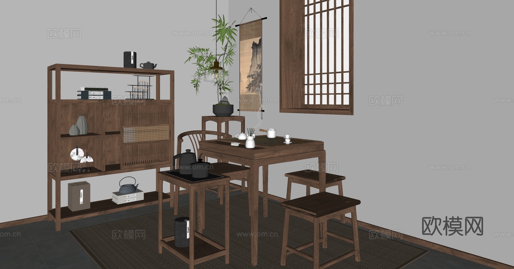 新中式茶室 阳台茶室 品茶区 实木茶台茶桌 实木茶桌椅 茶盘su模型下载（渲染图3）