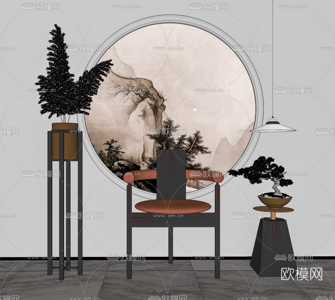 新中式单椅su模型下载（渲染图2）