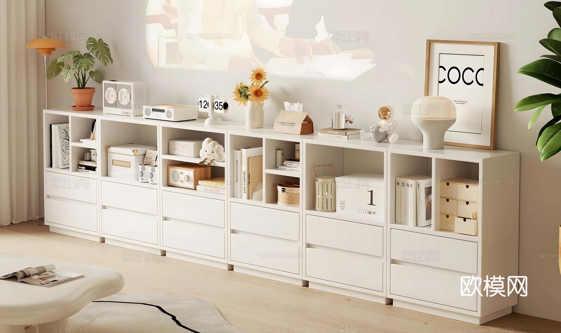 现代奶油书柜 奶油风矮书柜 白色矮书柜 奶油北欧书柜 书籍su模型下载（渲染图1）