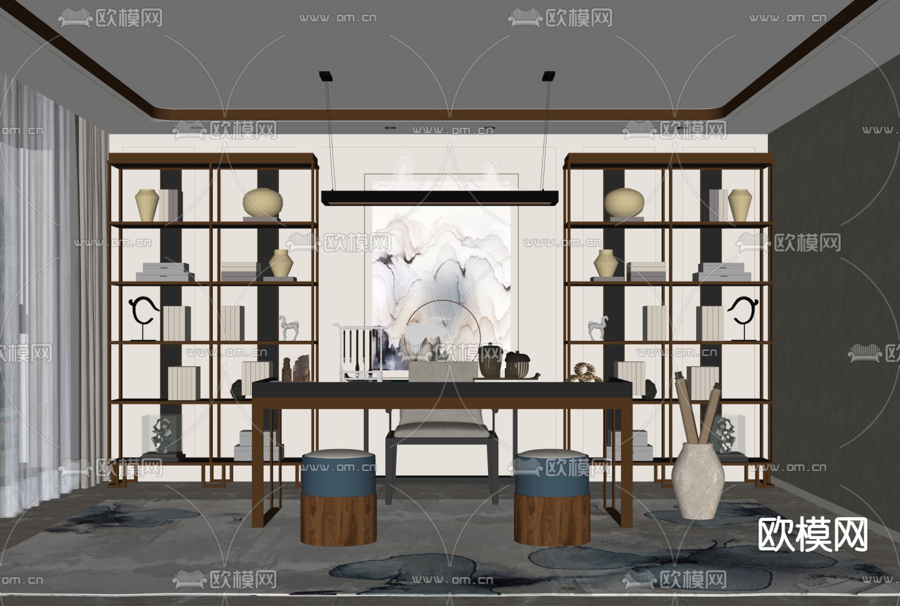 新中式书房su模型下载（渲染图2）