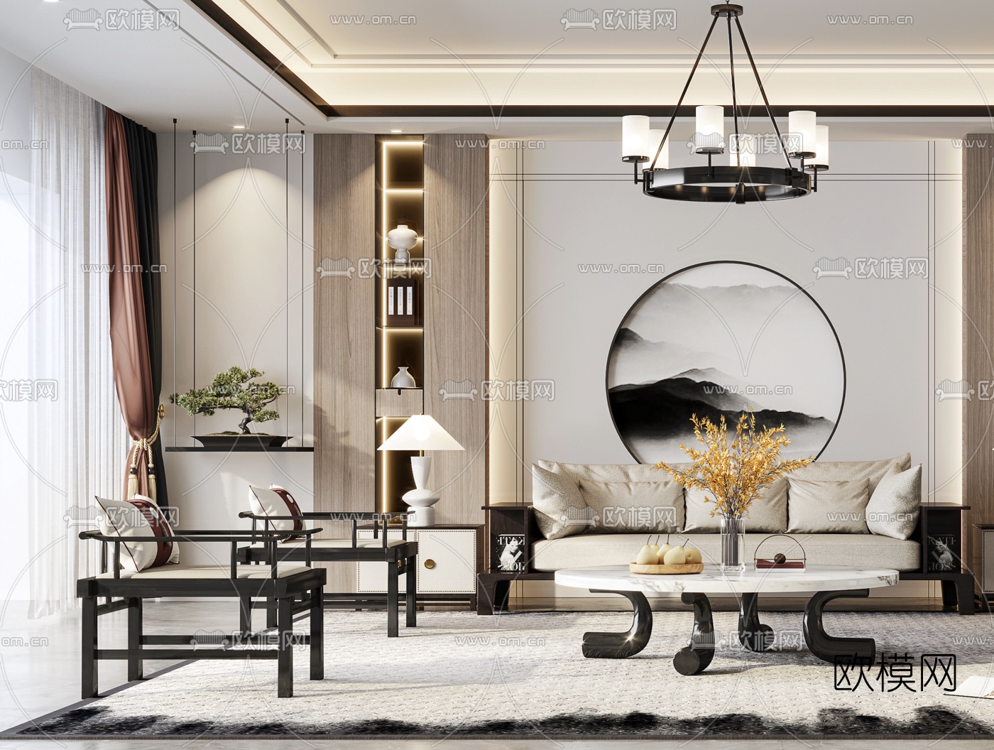 新中式布艺沙发组合3d模型下载（渲染图2）