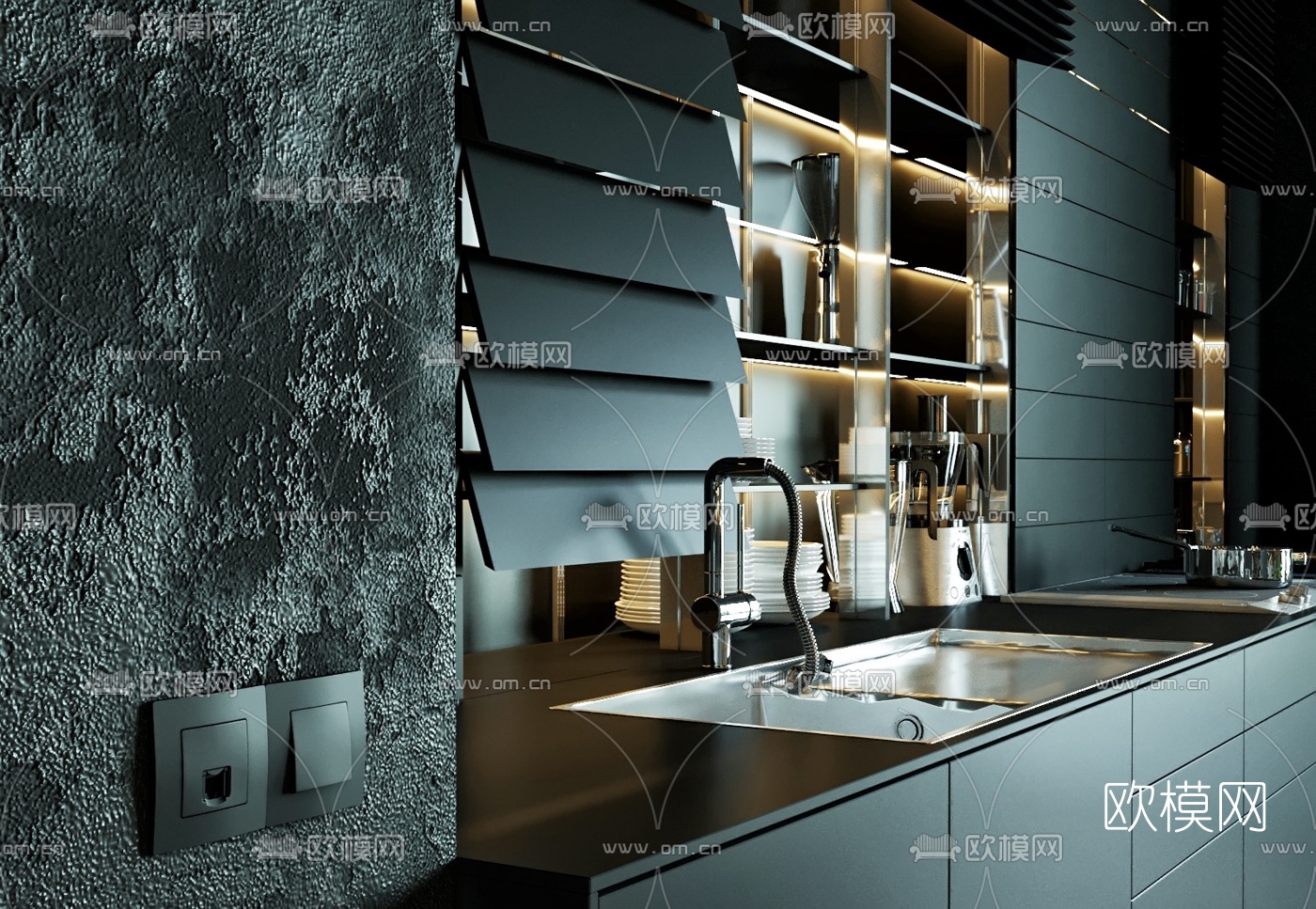 暗黑风 客厅厨房3d模型下载（渲染图3）