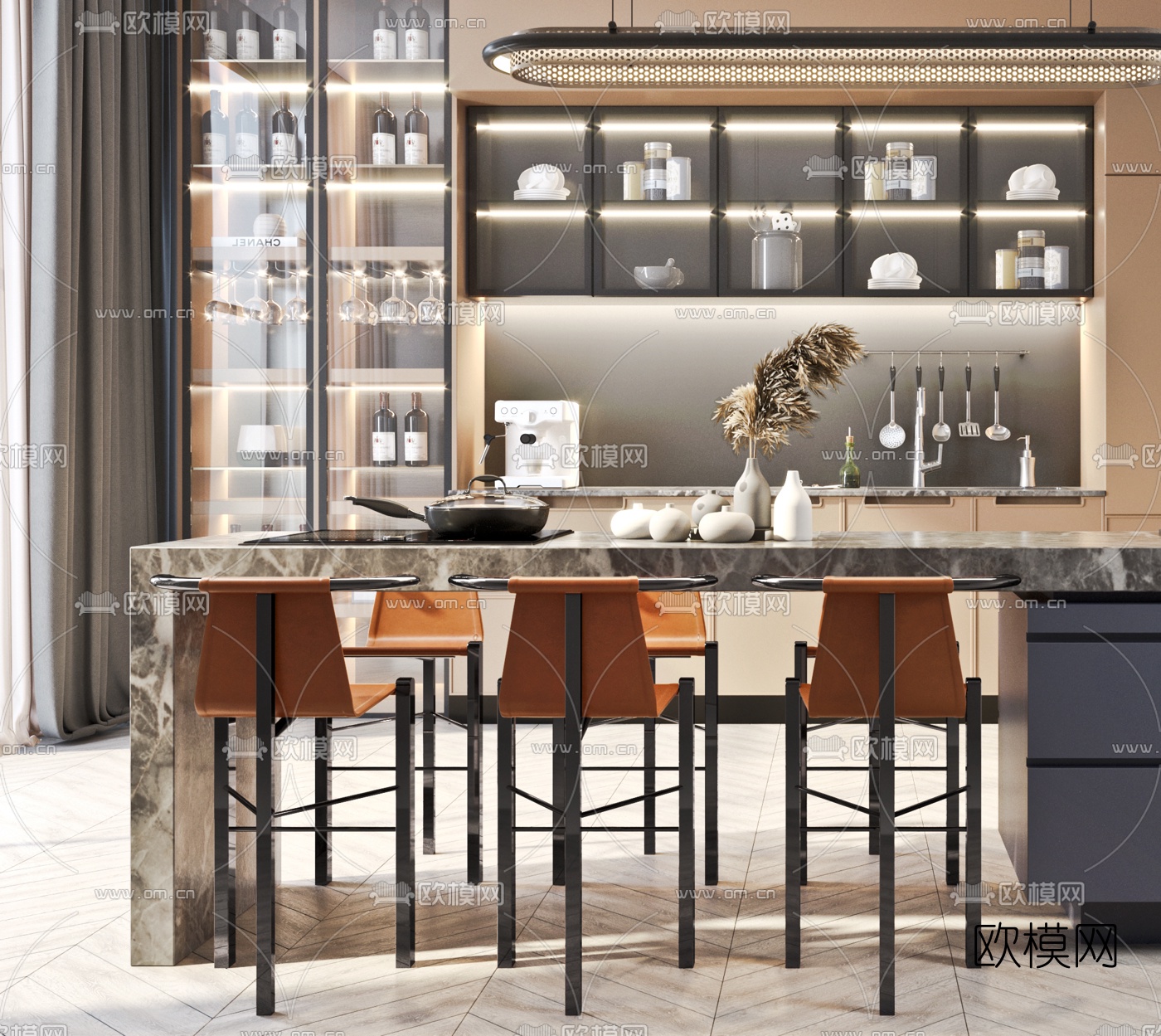现代厨房中岛柜餐桌椅3d模型下载（渲染图3）