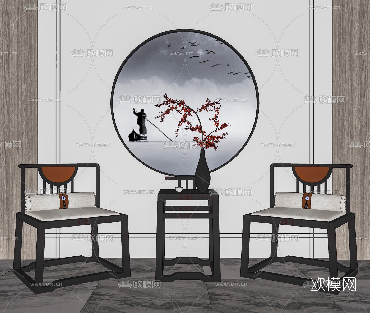 新中式实木单椅su模型下载（渲染图2）