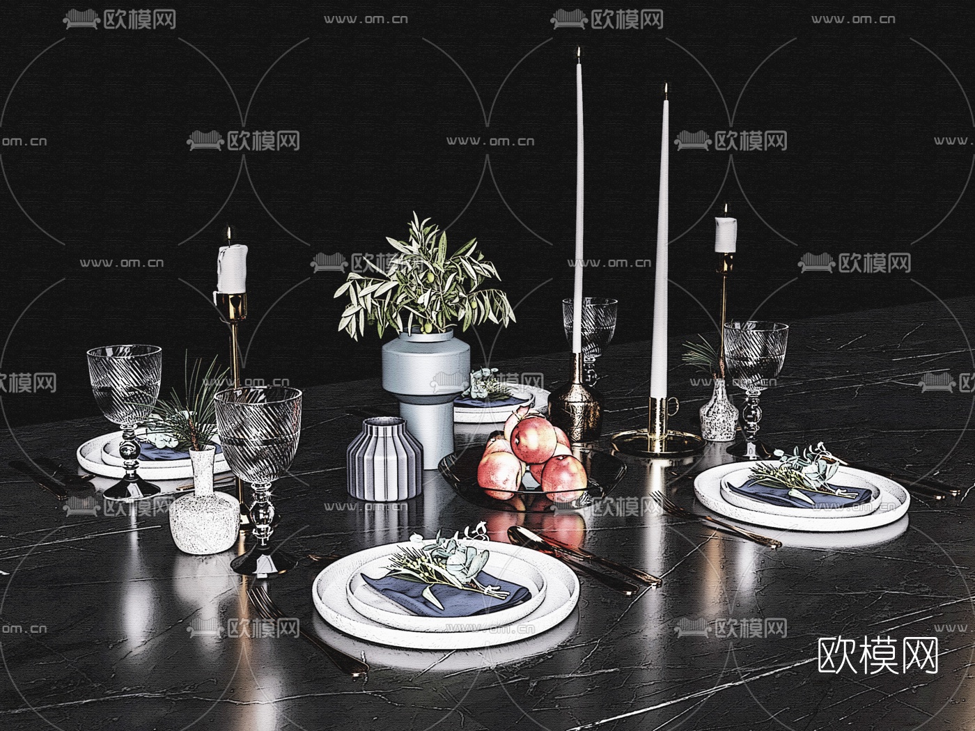 现代西餐餐具蜡烛su模型下载（渲染图1）
