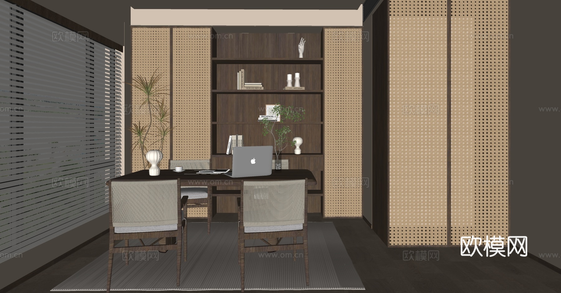 新中式禅意书房 宋式新中式书房 封闭式书房 家居茶室 书桌椅su模型下载（渲染图2）