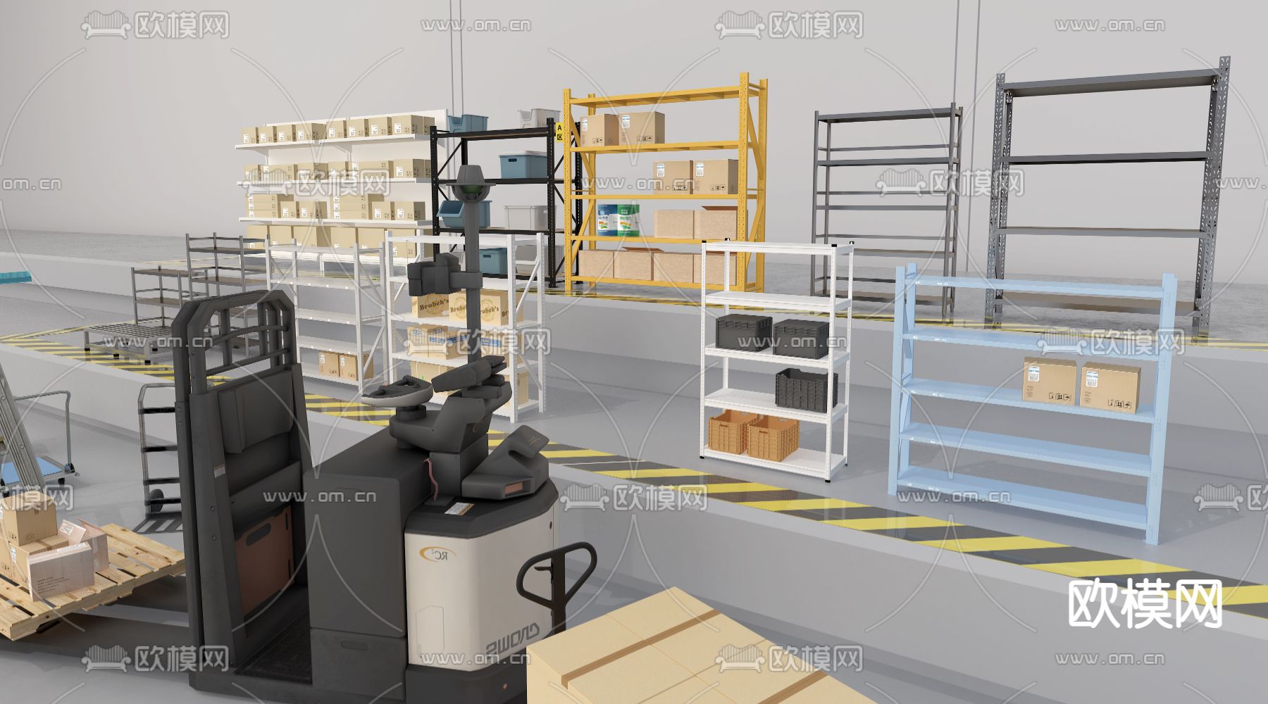 货架 包装箱 叉车 平板车梯子su模型下载（渲染图3）