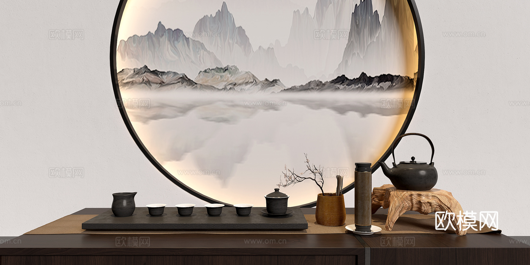 新中式茶台  茶几 茶具 木雕组合3d模型