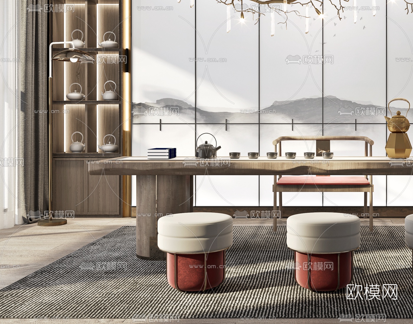 新中式茶室3d模型下载（渲染图2）