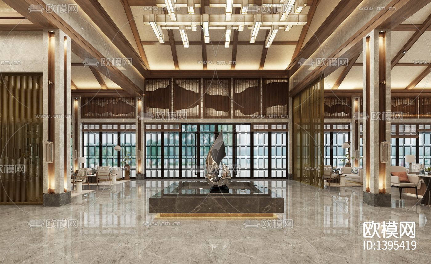 新中式酒店cad施工图下载（渲染图3）