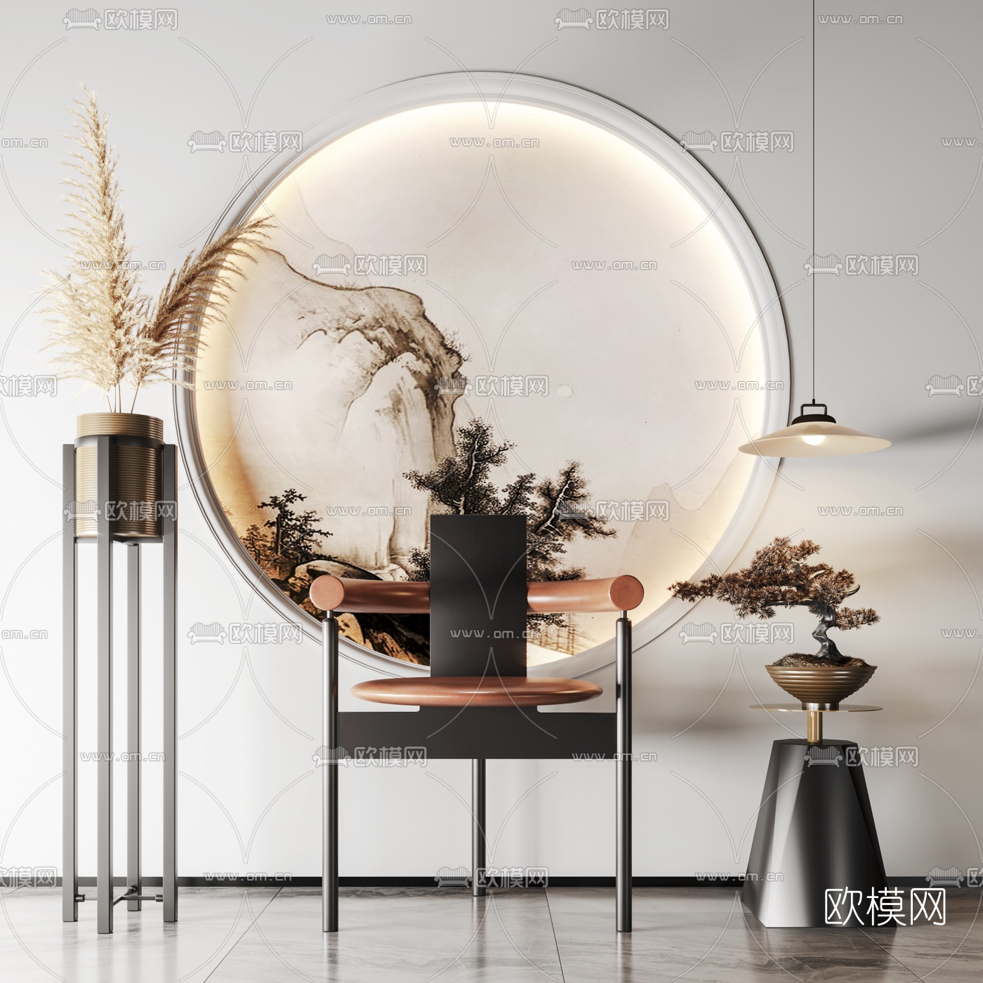 新中式创意扶手单椅3d模型下载（渲染图1）