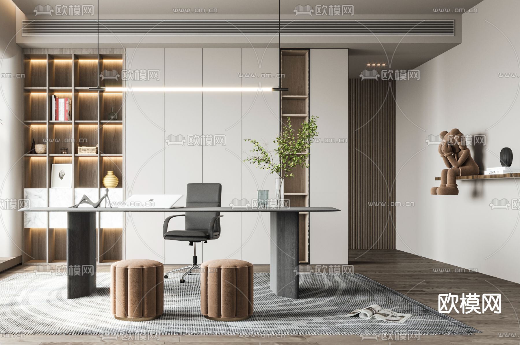 现代轻奢书房3d模型下载（渲染图3）