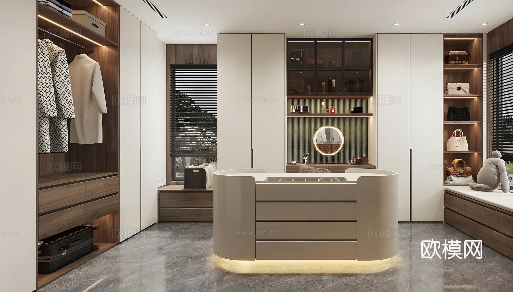 现代衣帽间 岛台衣帽间 步入式衣帽间 u型衣帽间 衣柜化妆台su模型下载（渲染图1）