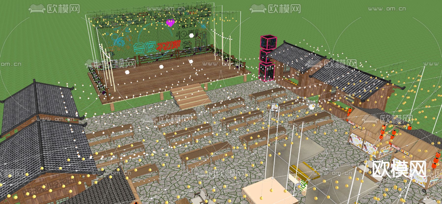 夜市摊位 小摊 美食街su模型下载（渲染图1）