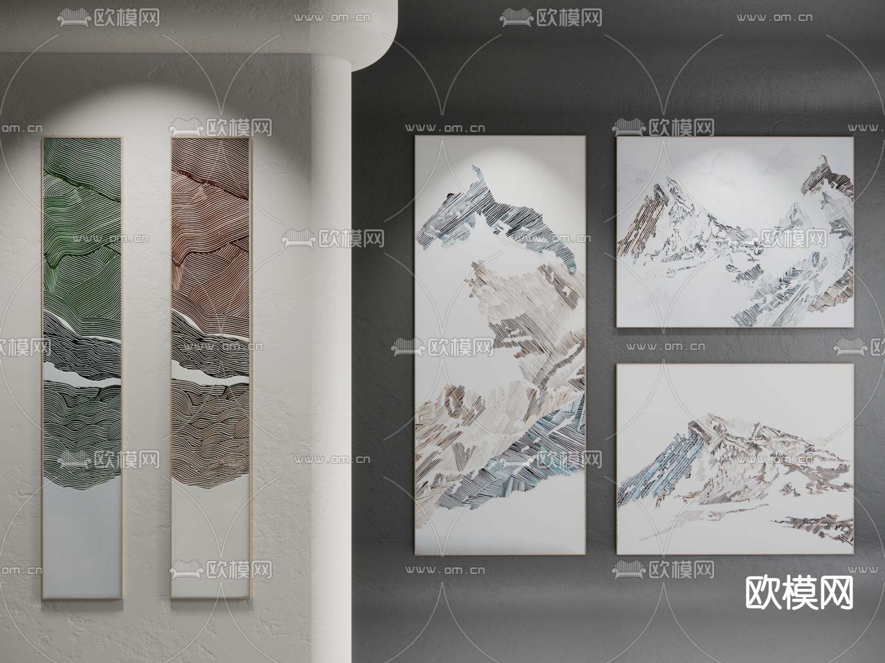 侘寂风装饰挂画 意境山水画 艺术画su模型