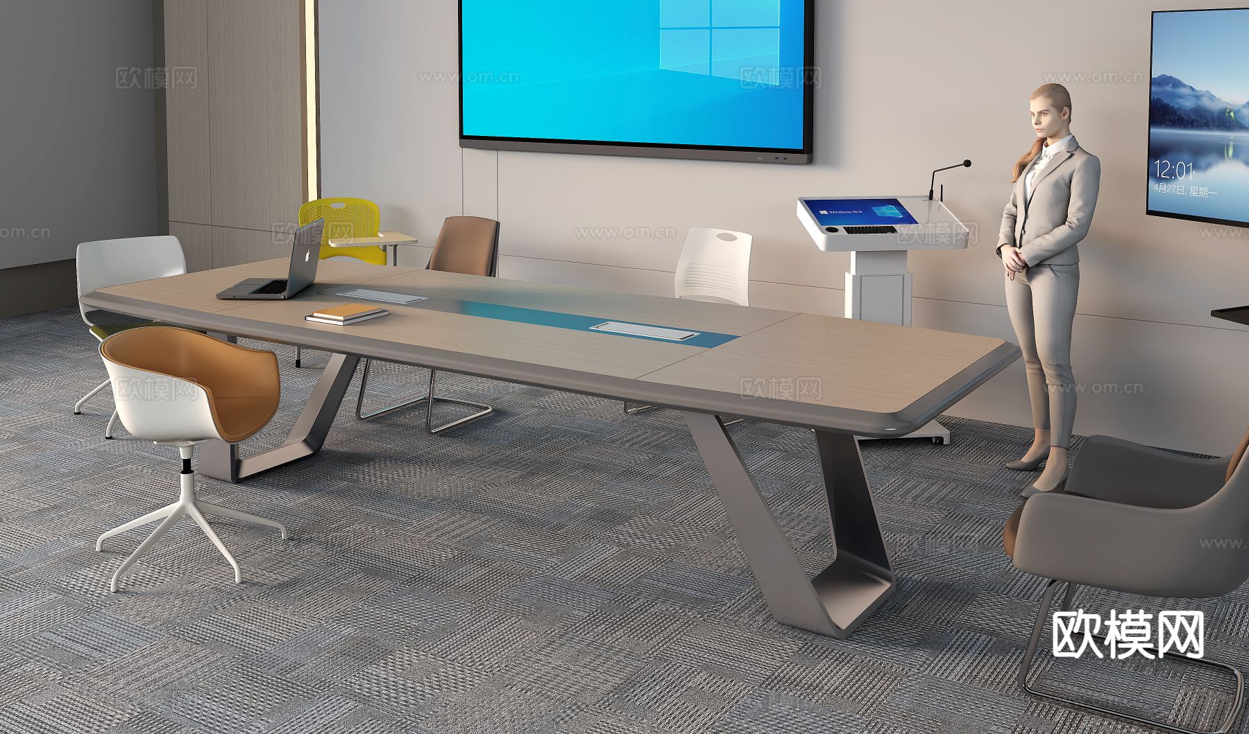 会议桌椅 演讲台su模型下载（渲染图3）