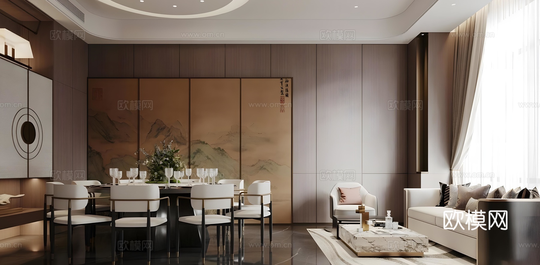 新中式包厢 中餐厅包厢 包厢餐桌椅 圆桌餐桌椅 四人以上餐桌su模型下载（渲染图1）