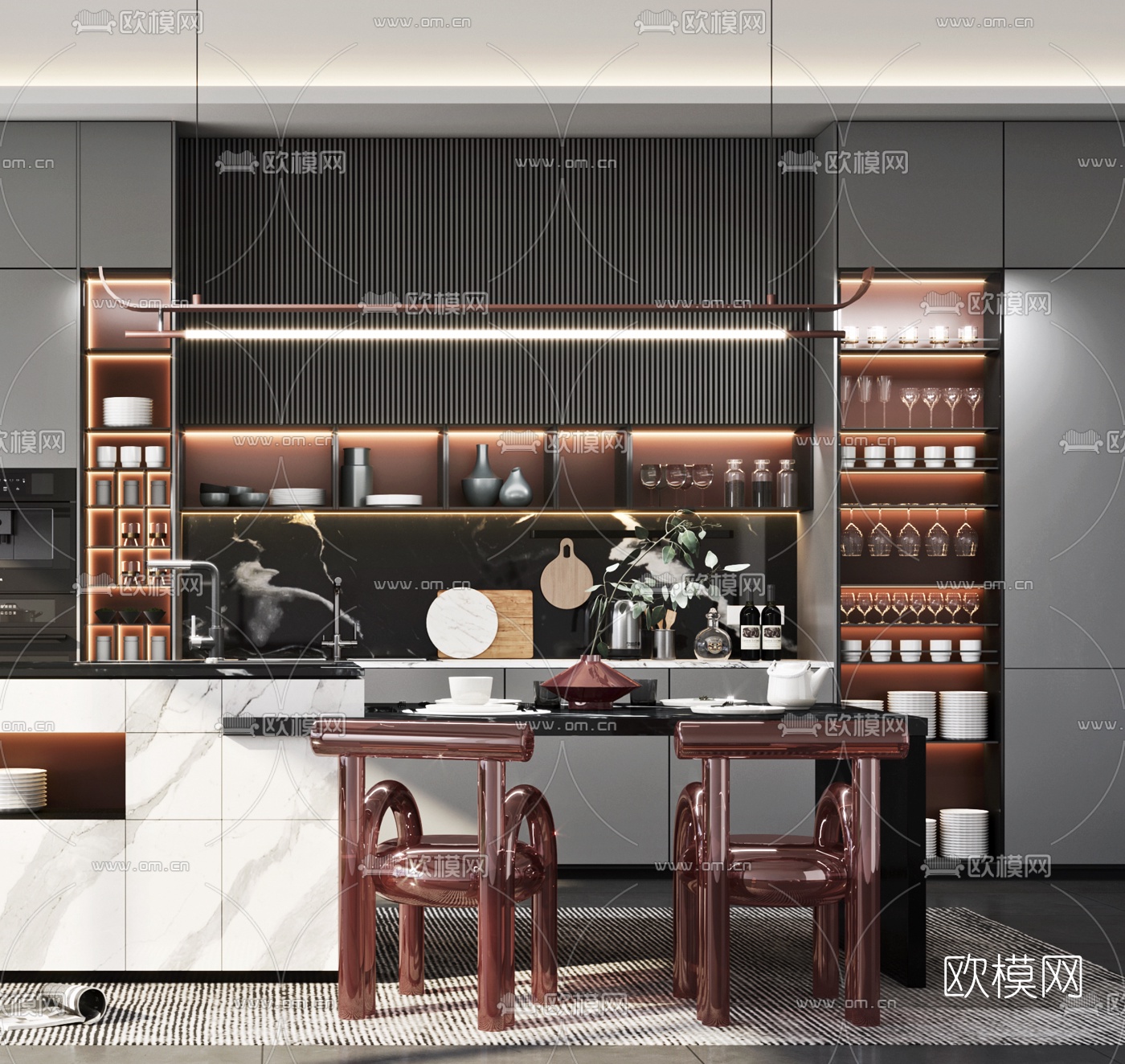 现代中岛厨房餐厅3d模型下载（渲染图3）