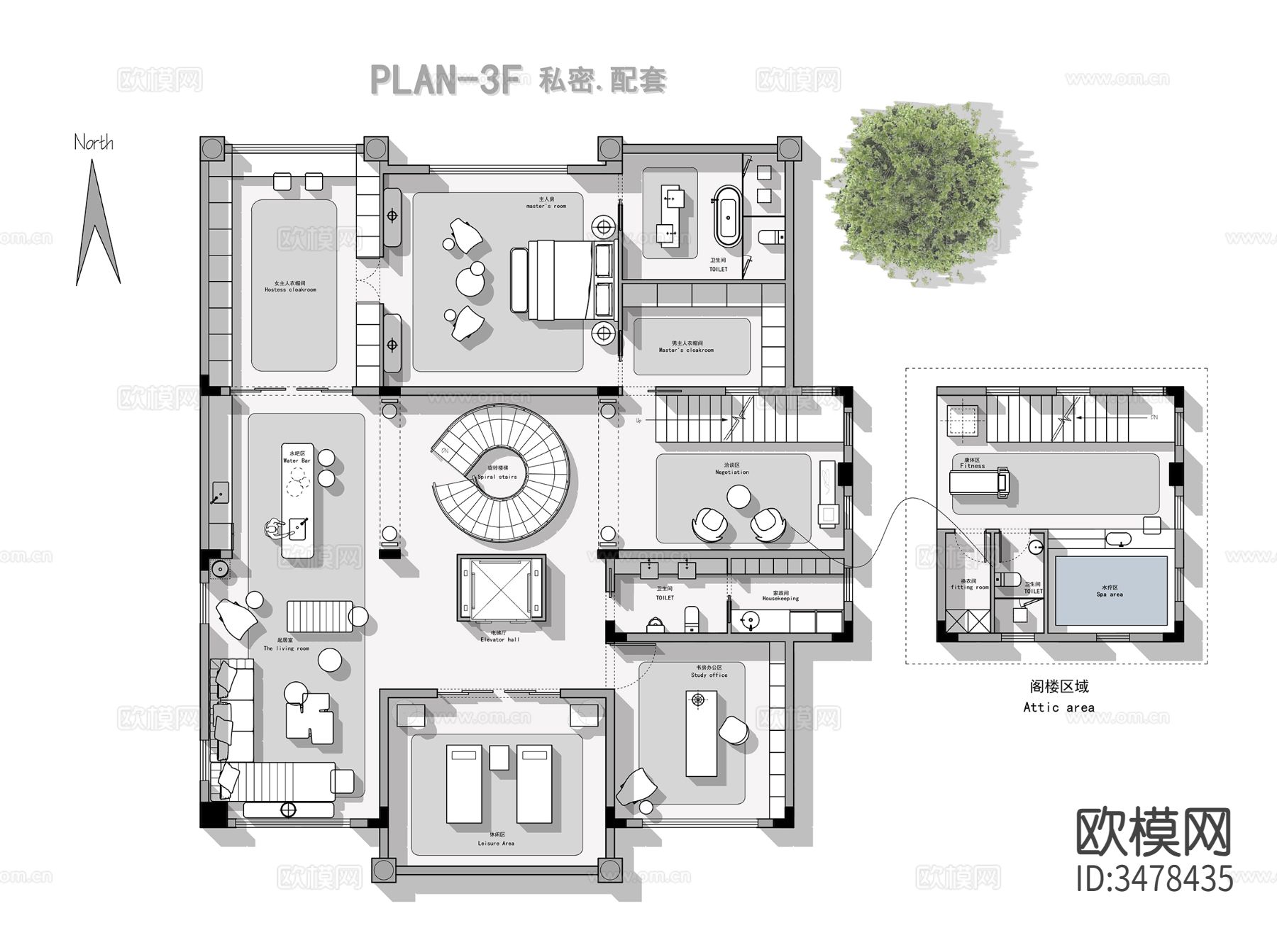 现代独栋别墅CAD平面图下载（渲染图7）